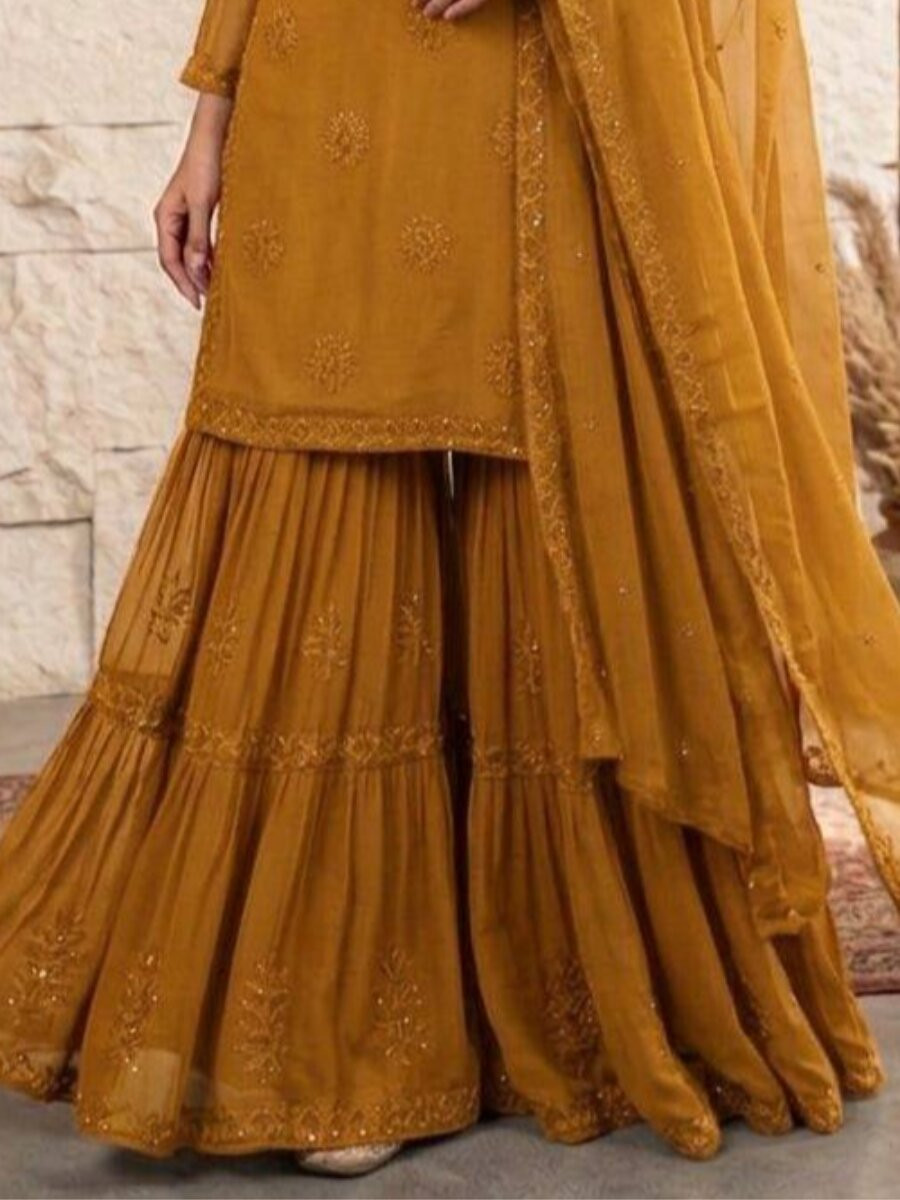 Mustard Georgette Embroidery Sequins Wedding Party Festival Casual Sharara Pant Salwar Kameez