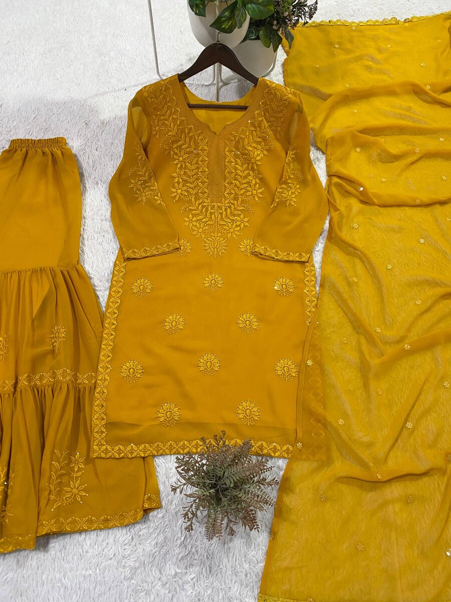 Mustard Georgette Embroidery Sequins Wedding Party Festival Casual Sharara Pant Salwar Kameez