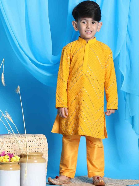 Mustard Georgette Sequins Festival Traditional Kurta Pyjama Boys Wear