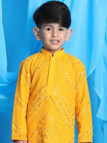 Mustard Georgette Sequins Festival Traditional Kurta Pyjama Boys Wear