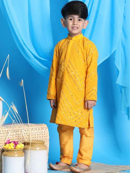 Mustard Georgette Sequins Festival Traditional Kurta Pyjama Boys Wear