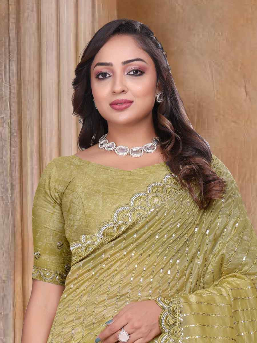 Mustard Gold Cruch Silk Embroidered Festival Wedding Fancy Heavy Border Saree