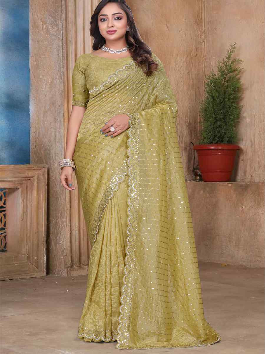Mustard Gold Cruch Silk Embroidered Festival Wedding Fancy Heavy Border Saree