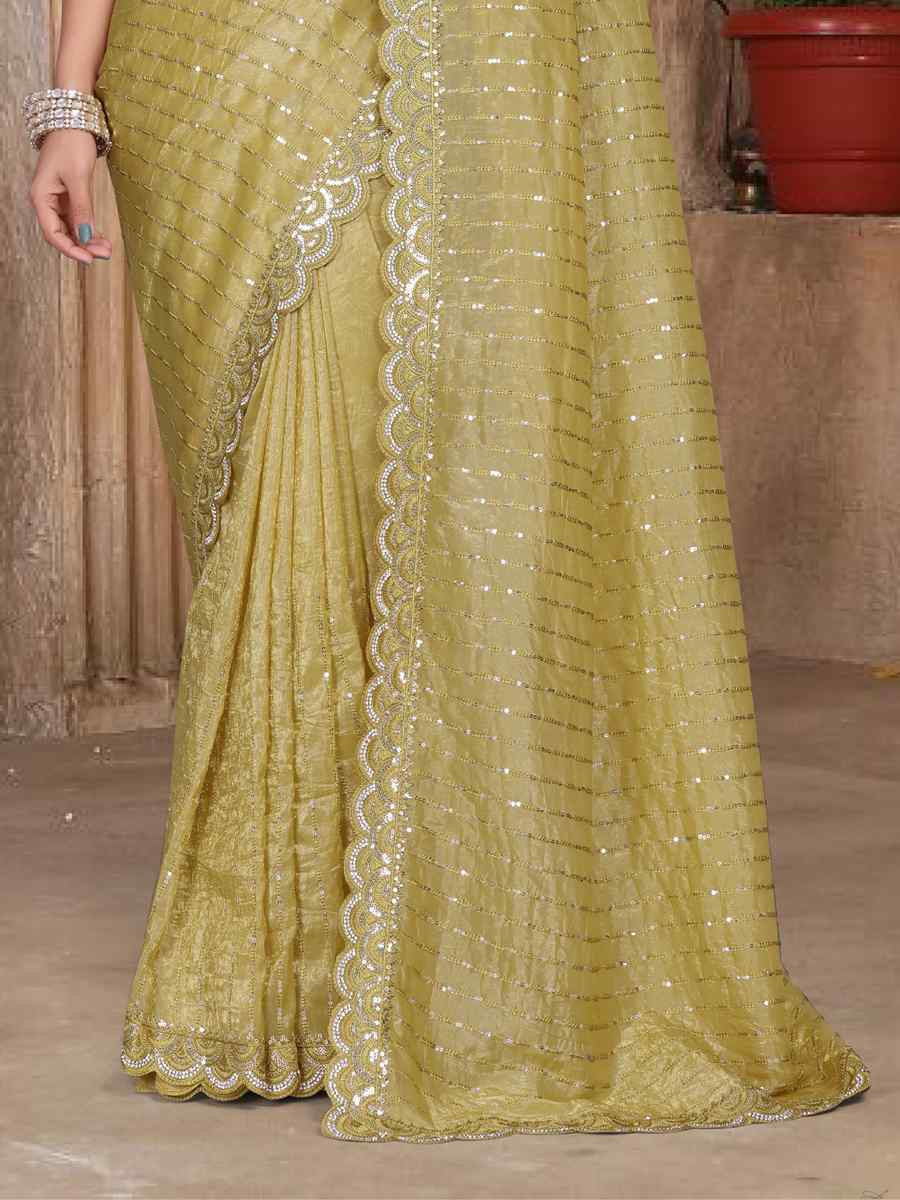 Mustard Gold Cruch Silk Embroidered Festival Wedding Fancy Heavy Border Saree
