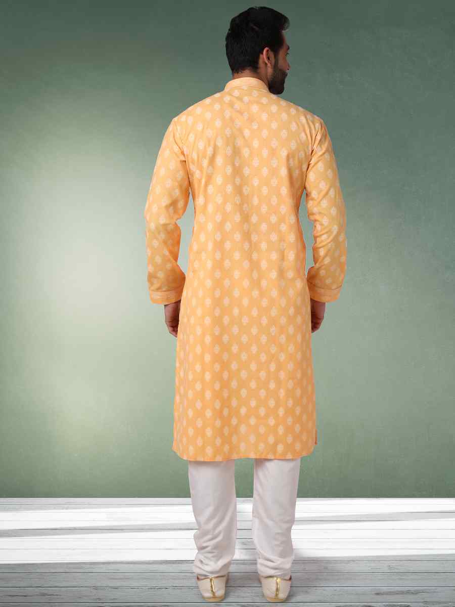 Mustard Hand Loomed In Rich Yarns Of Cotton Printed Festival Wedding Kurta