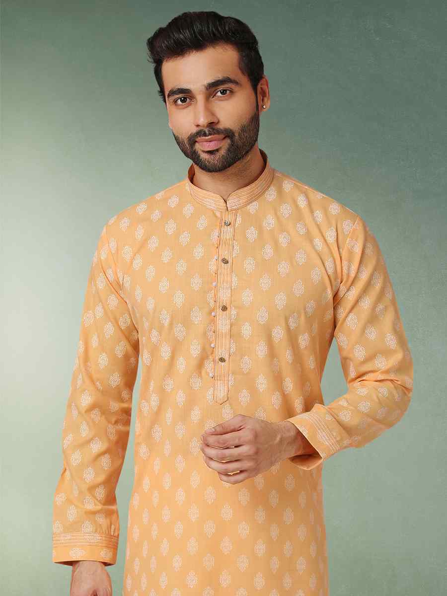 Mustard Hand Loomed In Rich Yarns Of Cotton Printed Festival Wedding Kurta