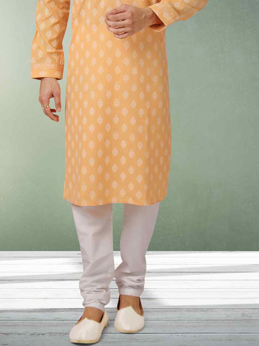 Mustard Hand Loomed In Rich Yarns Of Cotton Printed Festival Wedding Kurta