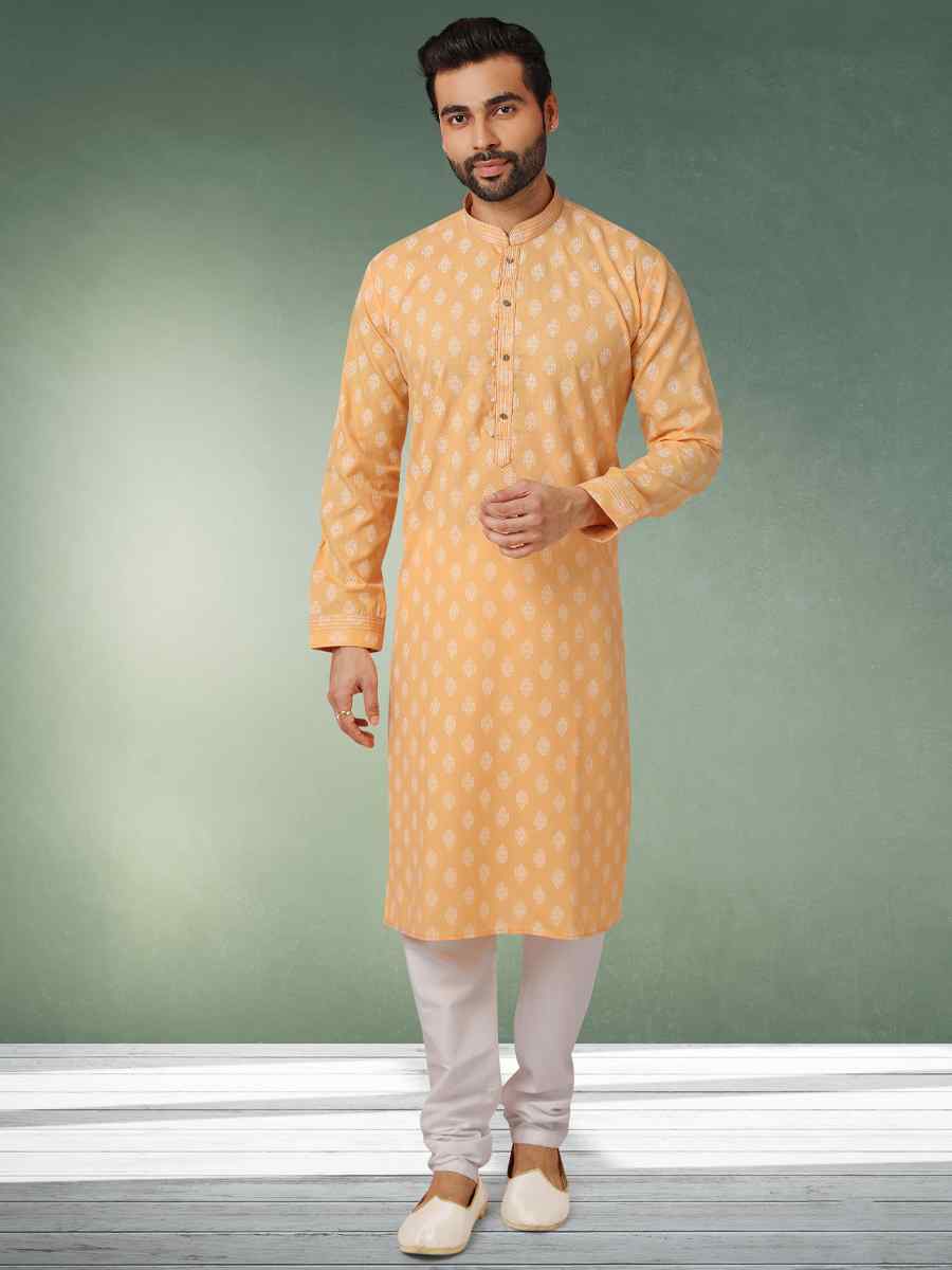 Mustard Hand Loomed In Rich Yarns Of Cotton Printed Festival Wedding Kurta
