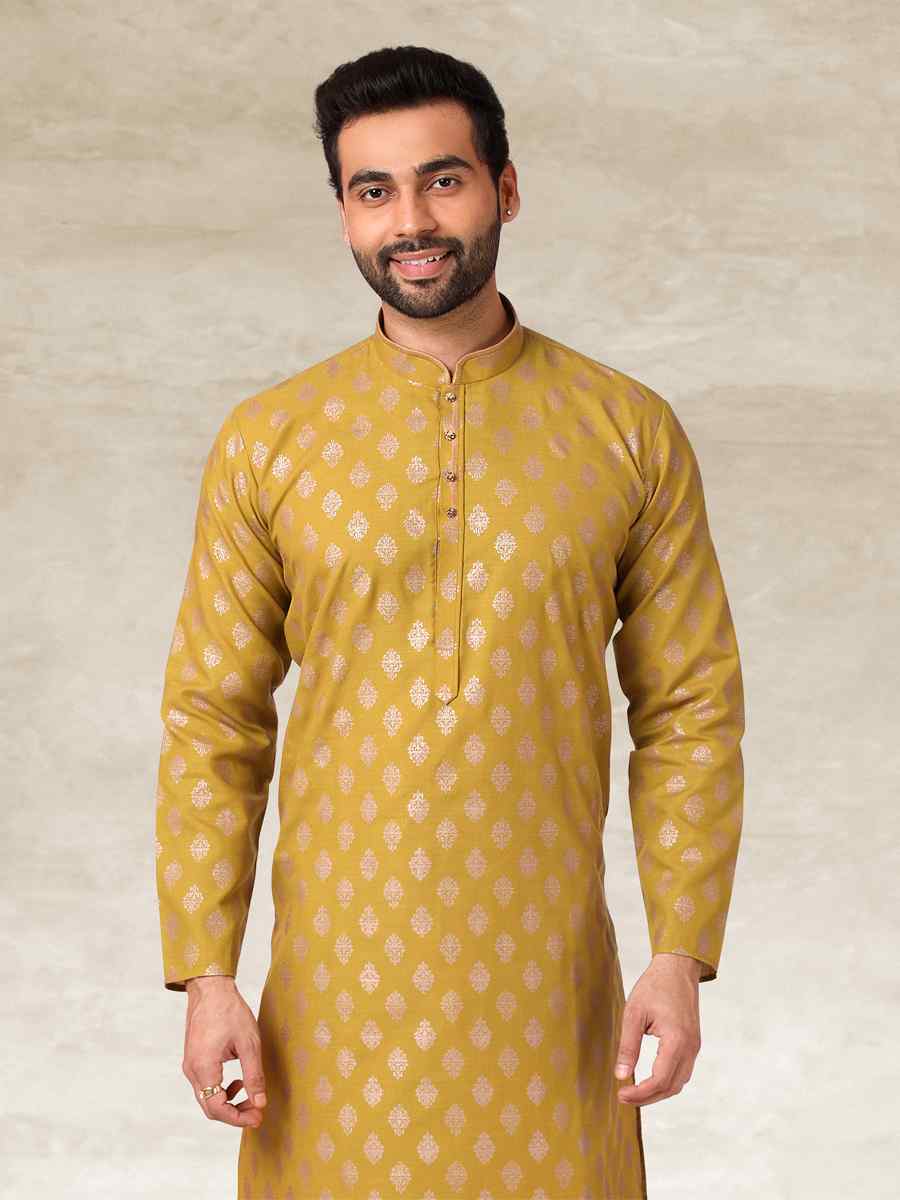 Mustard Hand Loomed In Rich Yarns Of Cotton Printed Party Wedding Kurta