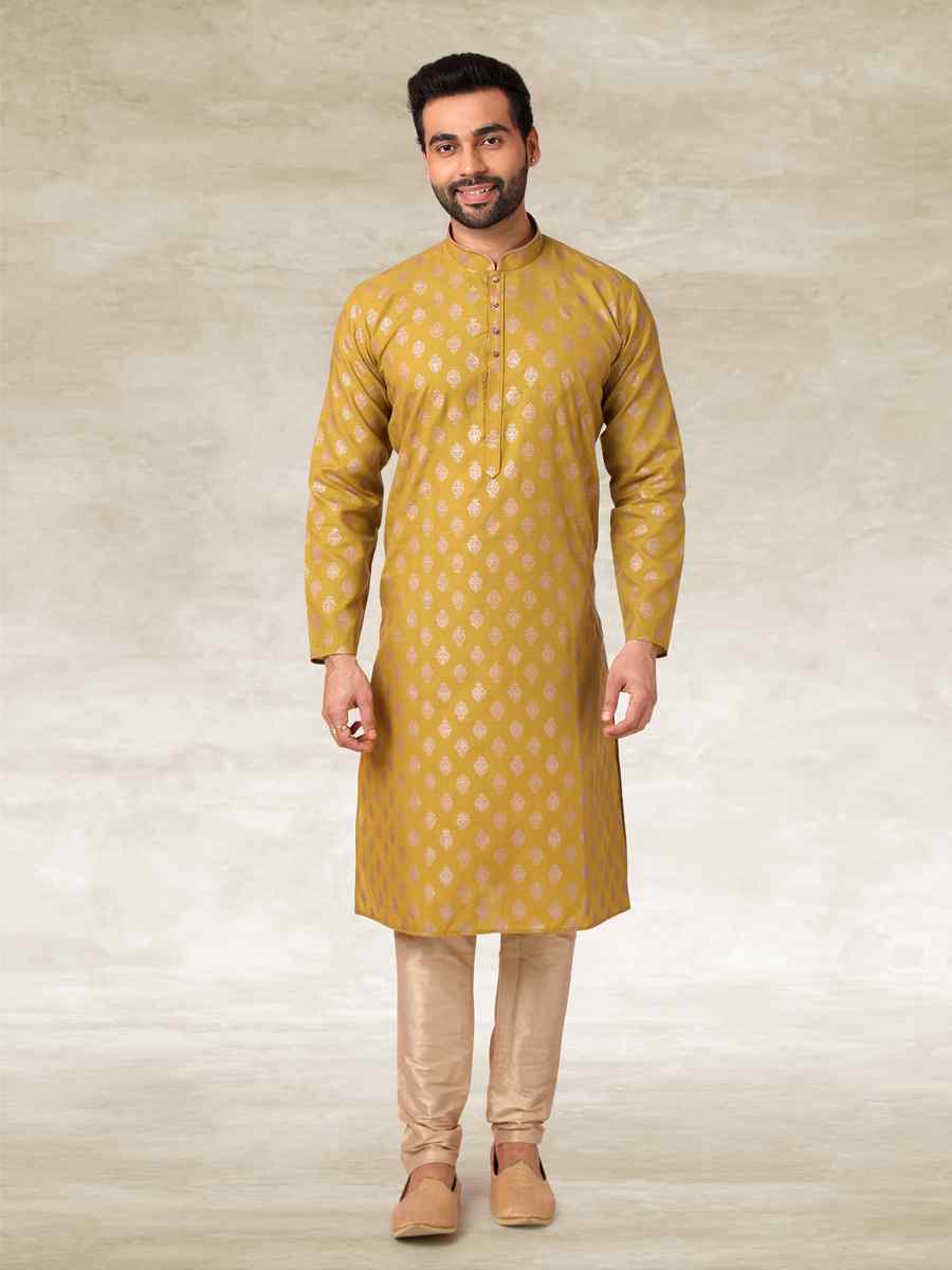 Mustard Hand Loomed In Rich Yarns Of Cotton Printed Party Wedding Kurta