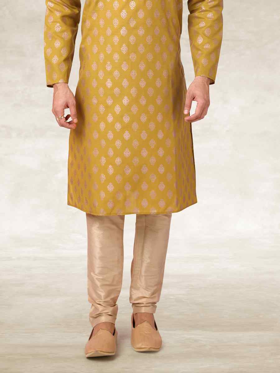 Mustard Hand Loomed In Rich Yarns Of Cotton Printed Party Wedding Kurta