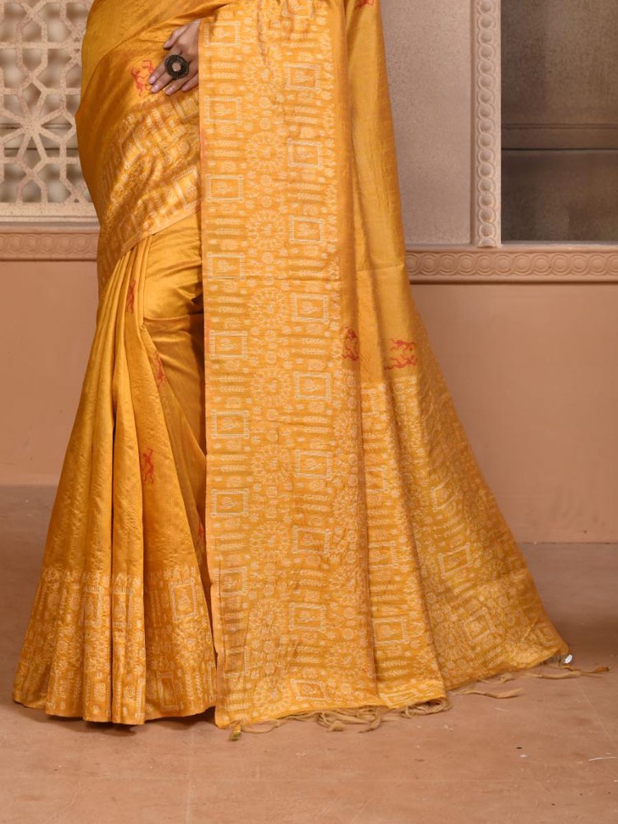 Mustard Handloom Raw Silk Handwoven Casual Festival Heavy Border Saree