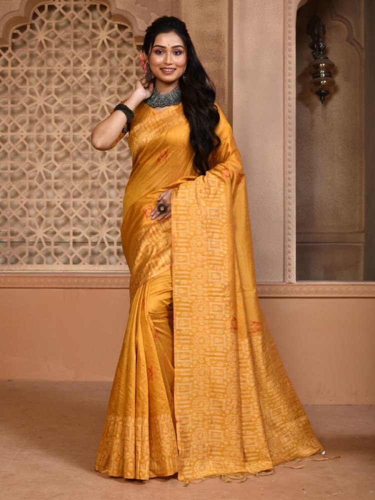 Mustard Handloom Raw Silk Handwoven Casual Festival Heavy Border Saree