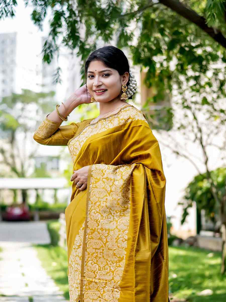 Mustard Handloom Raw Silk Handwoven Casual Reception Festival Wedding Fancy Classic Style Sarees