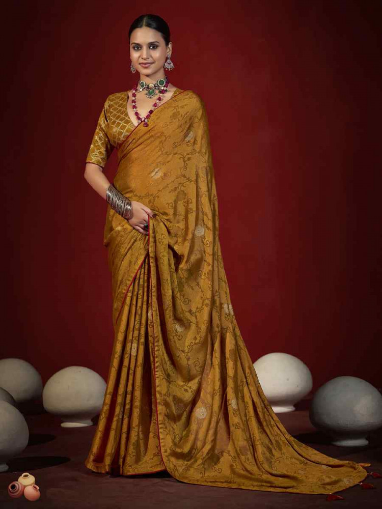 Image of Mustard Handwoven Traditional Bridal Reception Festival Wedding Fancy Heavy Border Saree