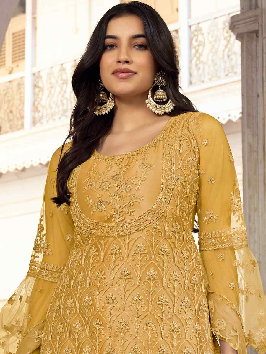 Mustard Heavy Butterfly Net Embroidered Festival Wedding Pant Salwar Kameez