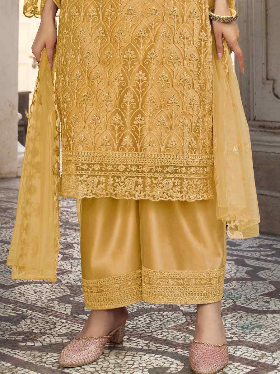 Mustard Heavy Butterfly Net Embroidered Festival Wedding Pant Salwar Kameez