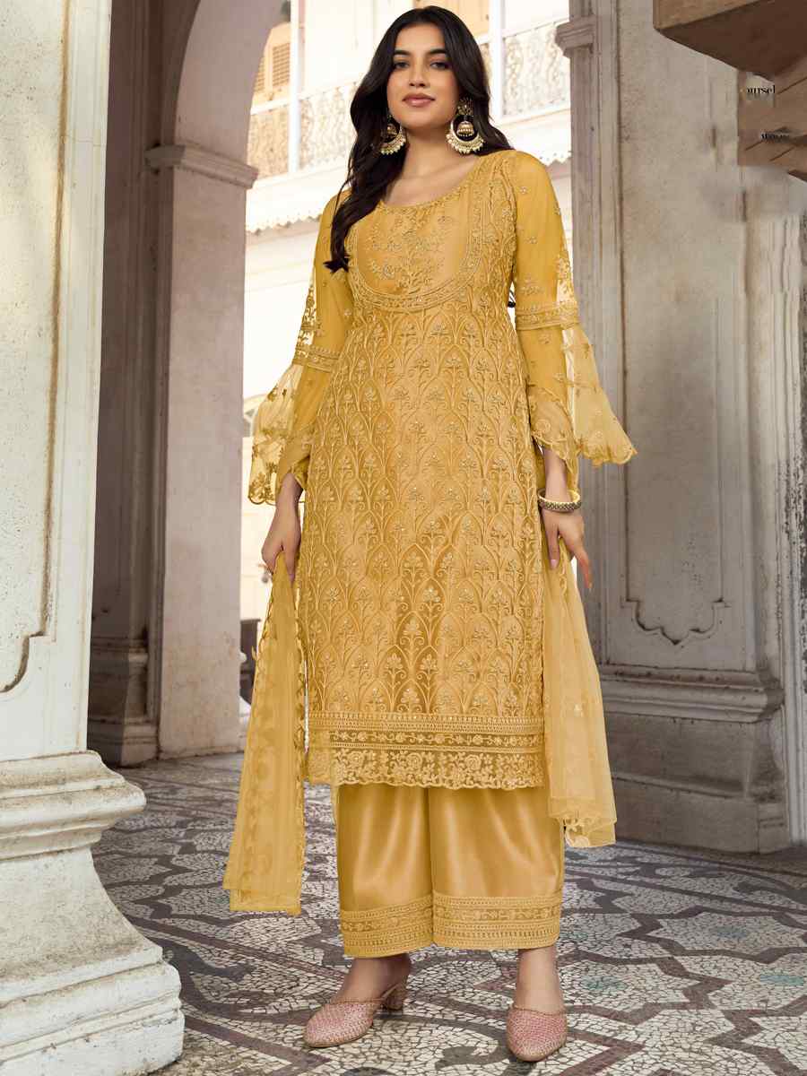 Mustard Heavy Butterfly Net Embroidered Festival Wedding Pant Salwar Kameez