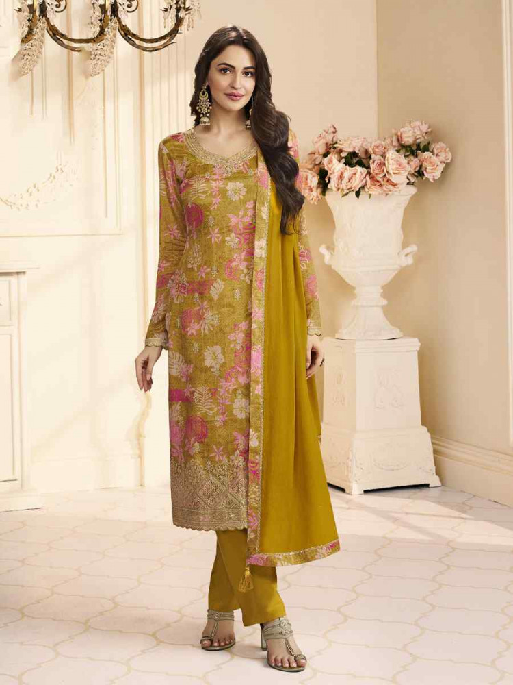 Image of Mustard Heavy Chinon Embroidery Printed Party Wedding Festival Casual Pant Salwar Kameez