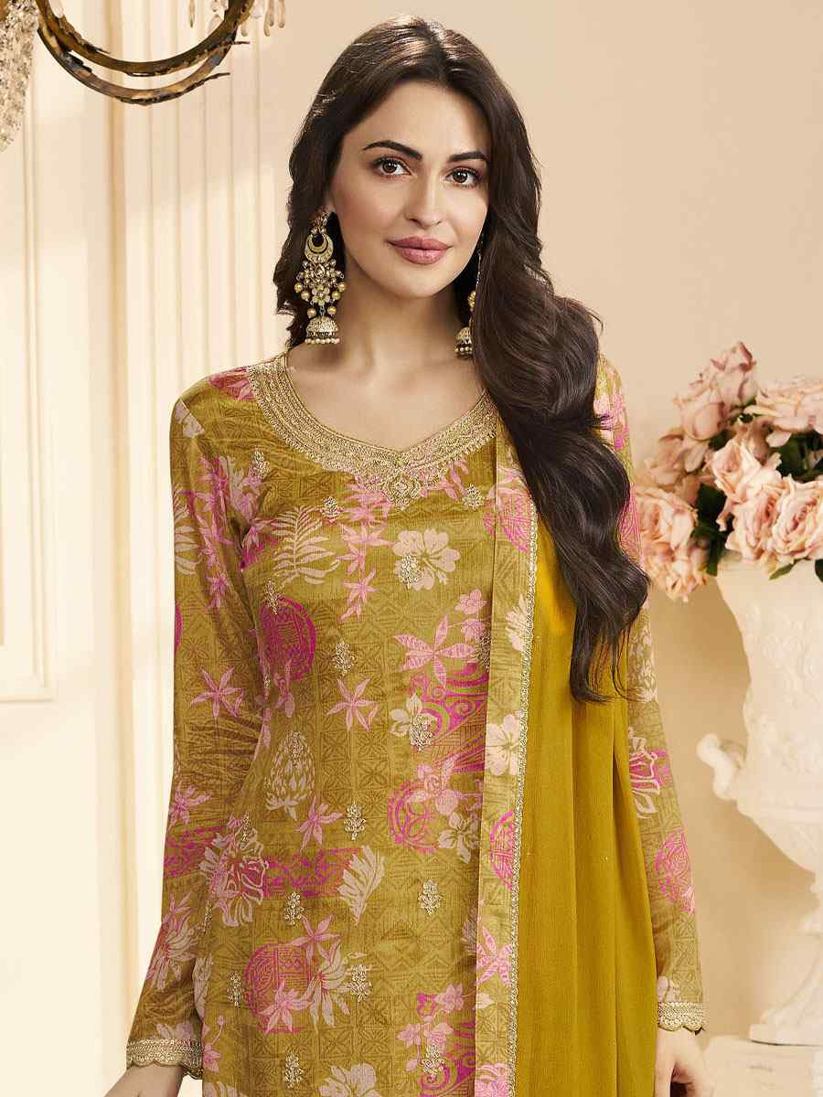 Mustard Heavy Chinon Embroidery Printed Party Wedding Festival Casual Pant Salwar Kameez