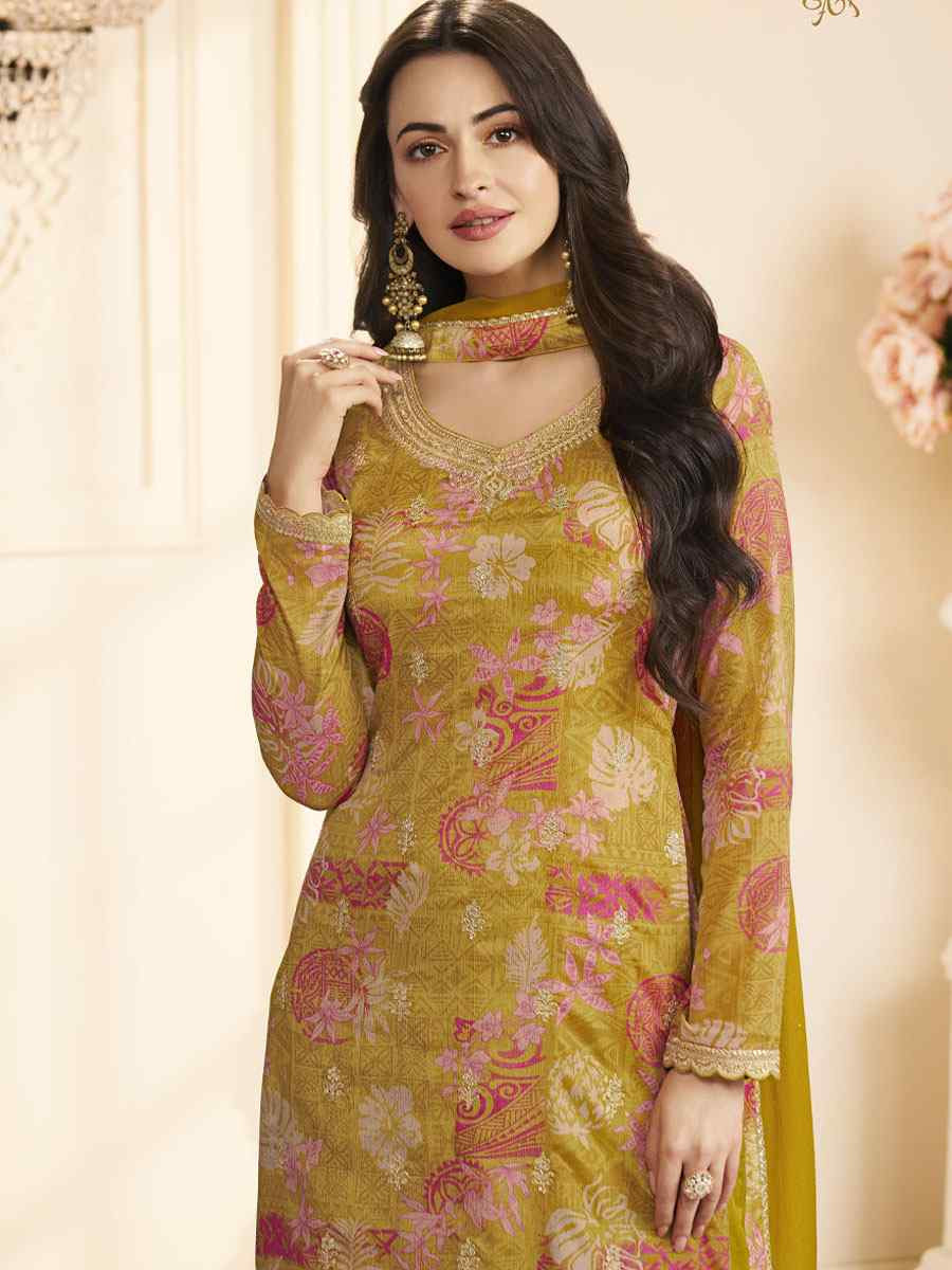 Mustard Heavy Chinon Embroidery Printed Party Wedding Festival Casual Pant Salwar Kameez