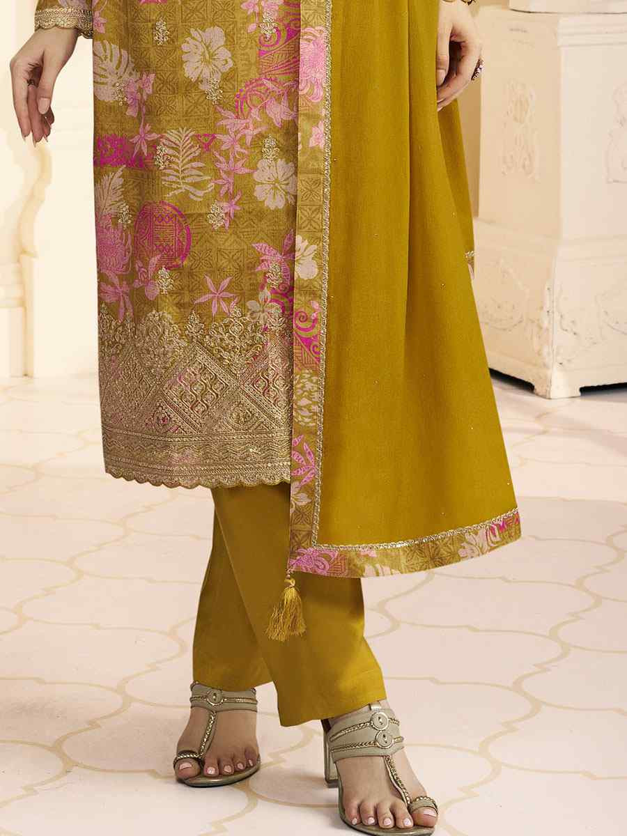 Mustard Heavy Chinon Embroidery Printed Party Wedding Festival Casual Pant Salwar Kameez