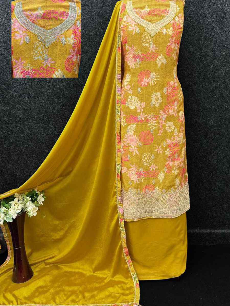 Mustard Heavy Chinon Embroidery Printed Party Wedding Festival Casual Pant Salwar Kameez