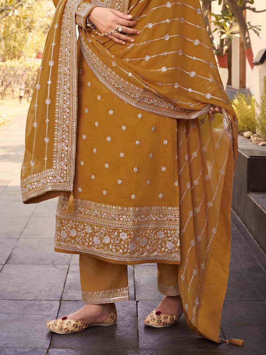 Mustard Heavy Dola Silk Embroidered Festival Wedding Pant Salwar Kameez