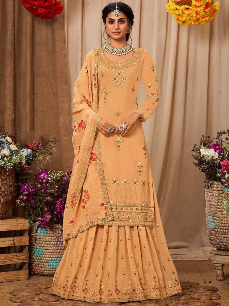 Mustard Heavy Faux Georgette Embroidered Bridesmaid Wedding Kurti Lehenga Choli