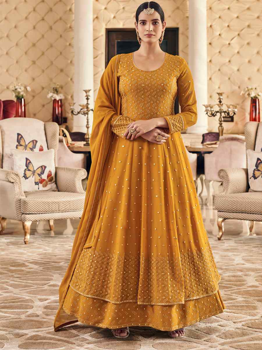Mustard Heavy Faux Georgette Embroidered Party Festival Anarkali Salwar Kameez