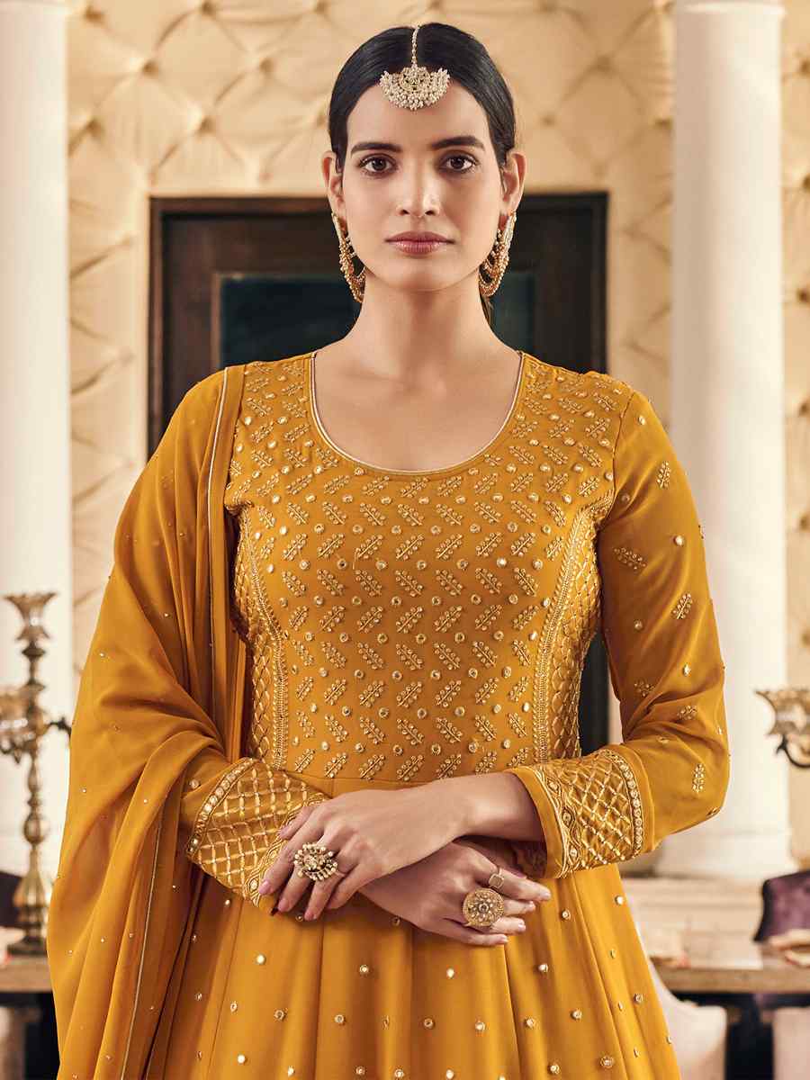 Mustard Heavy Faux Georgette Embroidered Party Festival Anarkali Salwar Kameez