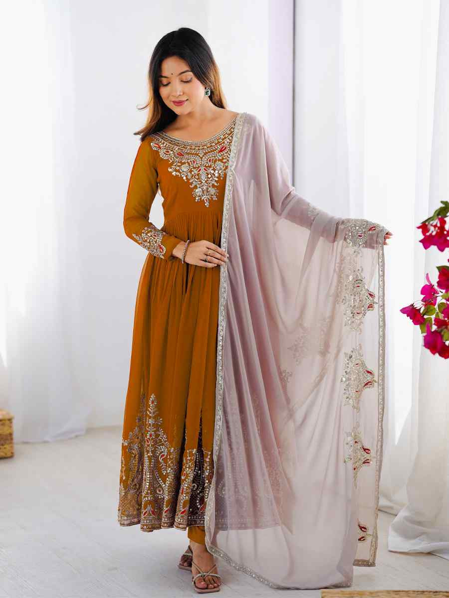 Mustard Heavy Georgette Embroidered Festival Casual Ready Anarkali Salwar Kameez