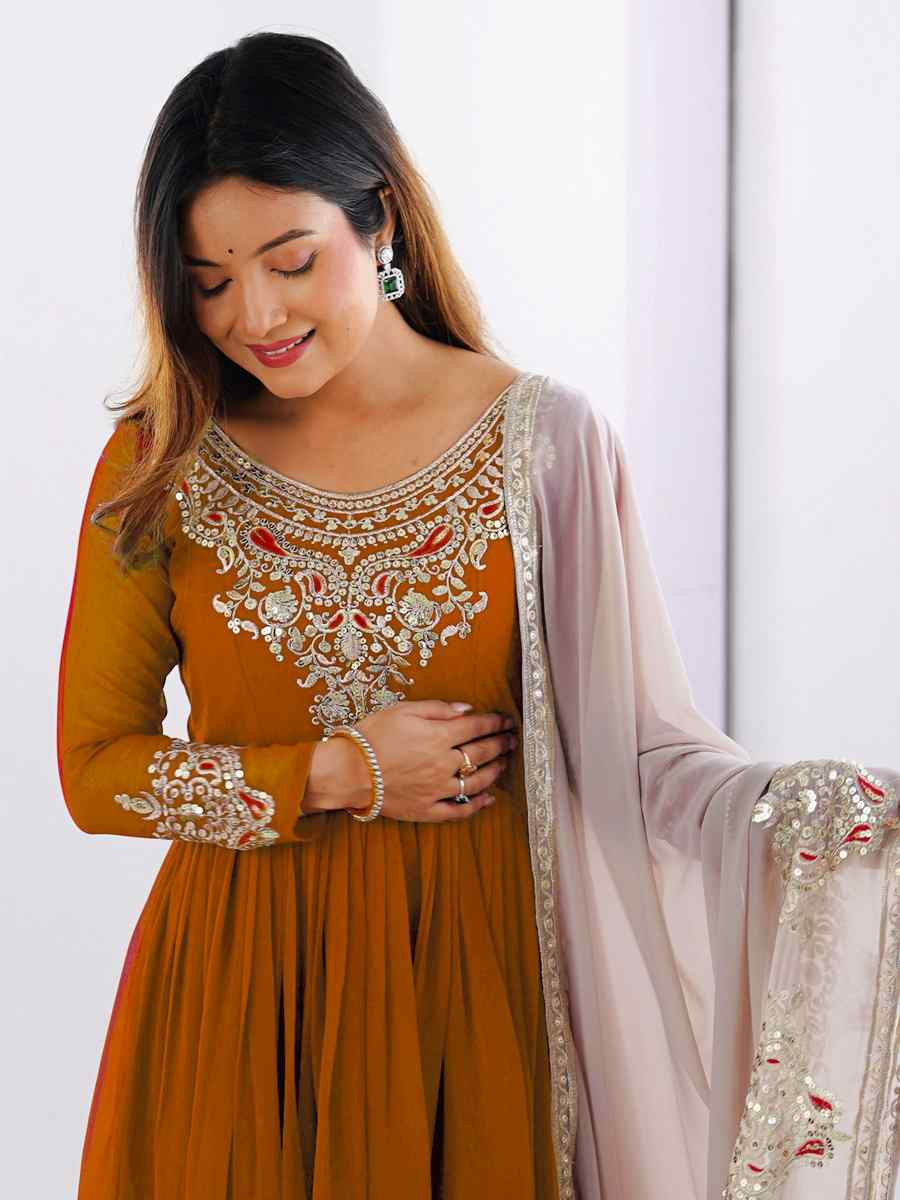 Mustard Heavy Georgette Embroidered Festival Casual Ready Anarkali Salwar Kameez