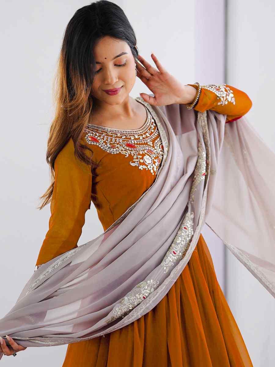 Mustard Heavy Georgette Embroidered Festival Casual Ready Anarkali Salwar Kameez