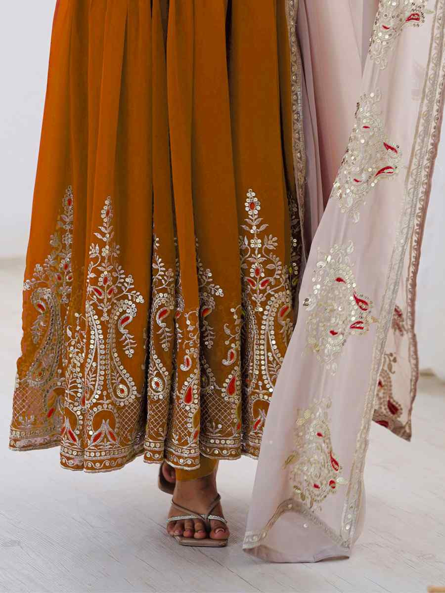 Mustard Heavy Georgette Embroidered Festival Casual Ready Anarkali Salwar Kameez