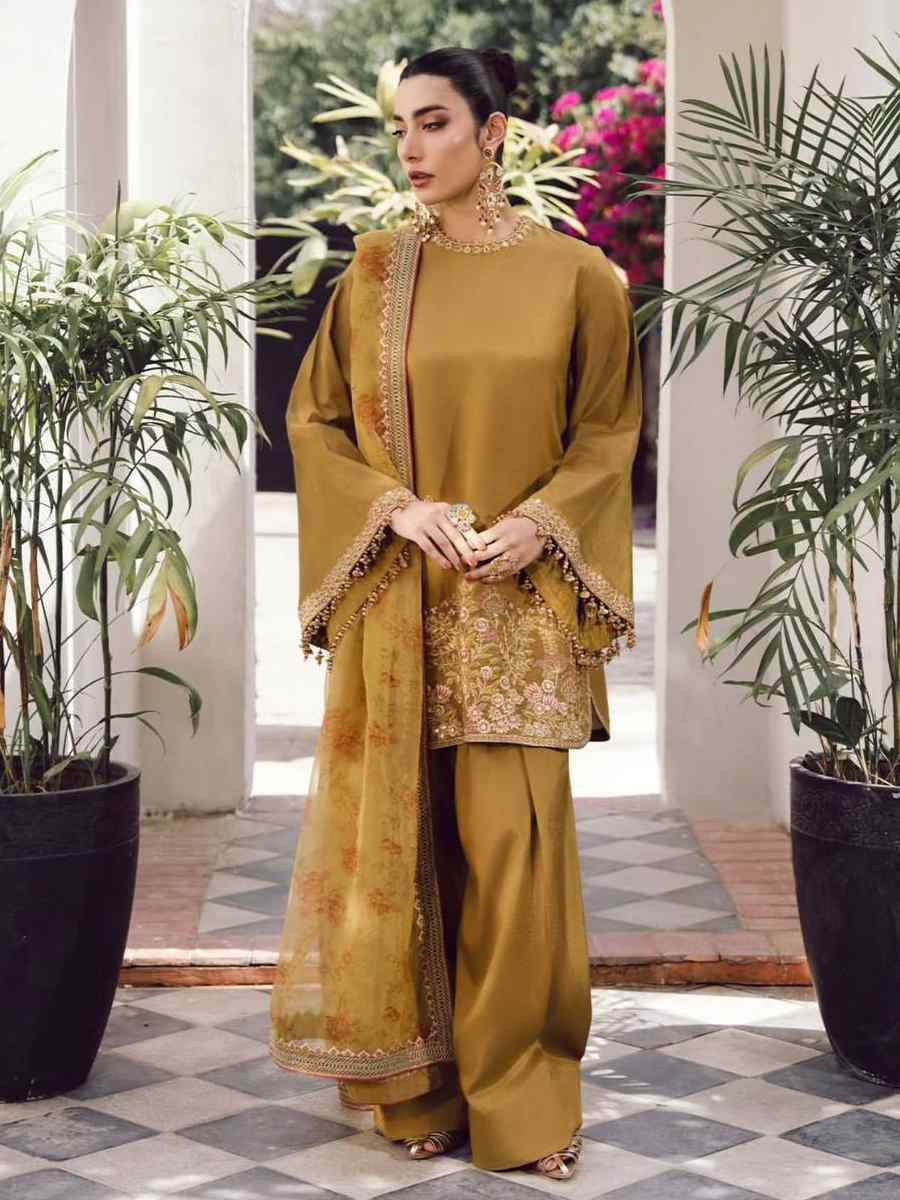 Mustard Heavy Micro Cotton Embroidered Festival Mehendi Ready Farsi Salwar Kameez