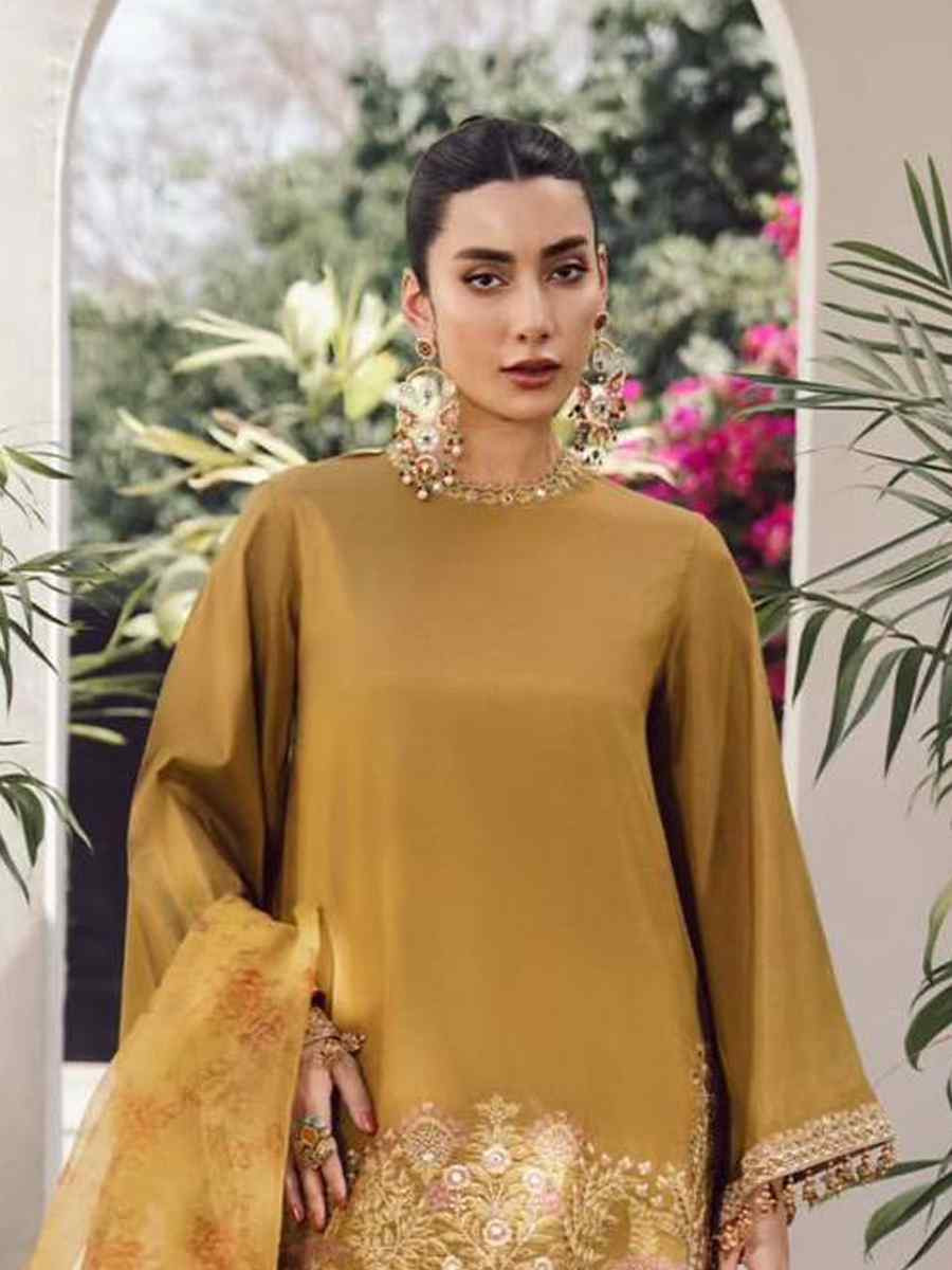 Mustard Heavy Micro Cotton Embroidered Festival Mehendi Ready Farsi Salwar Kameez