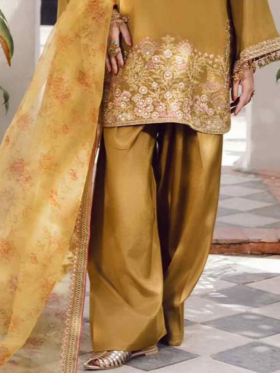 Mustard Heavy Micro Cotton Embroidered Festival Mehendi Ready Farsi Salwar Kameez