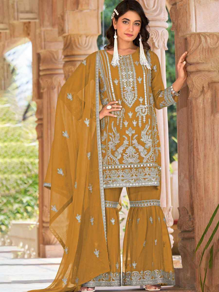 Image of Mustard Heavy Nylon Organza Embroidered Festival Wedding Sharara Pant Salwar Kameez