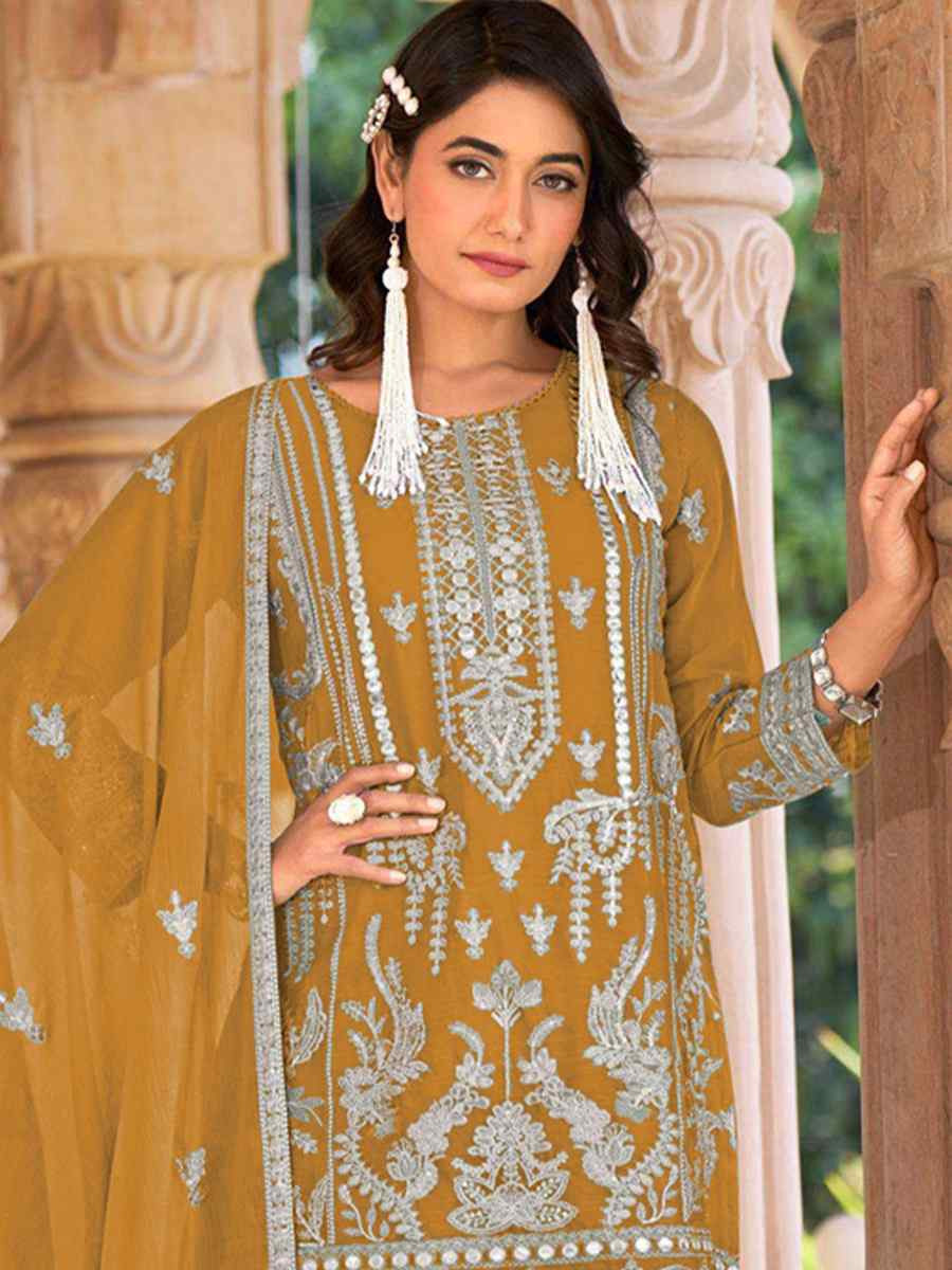 Mustard Heavy Nylon Organza Embroidered Festival Wedding Sharara Pant Salwar Kameez