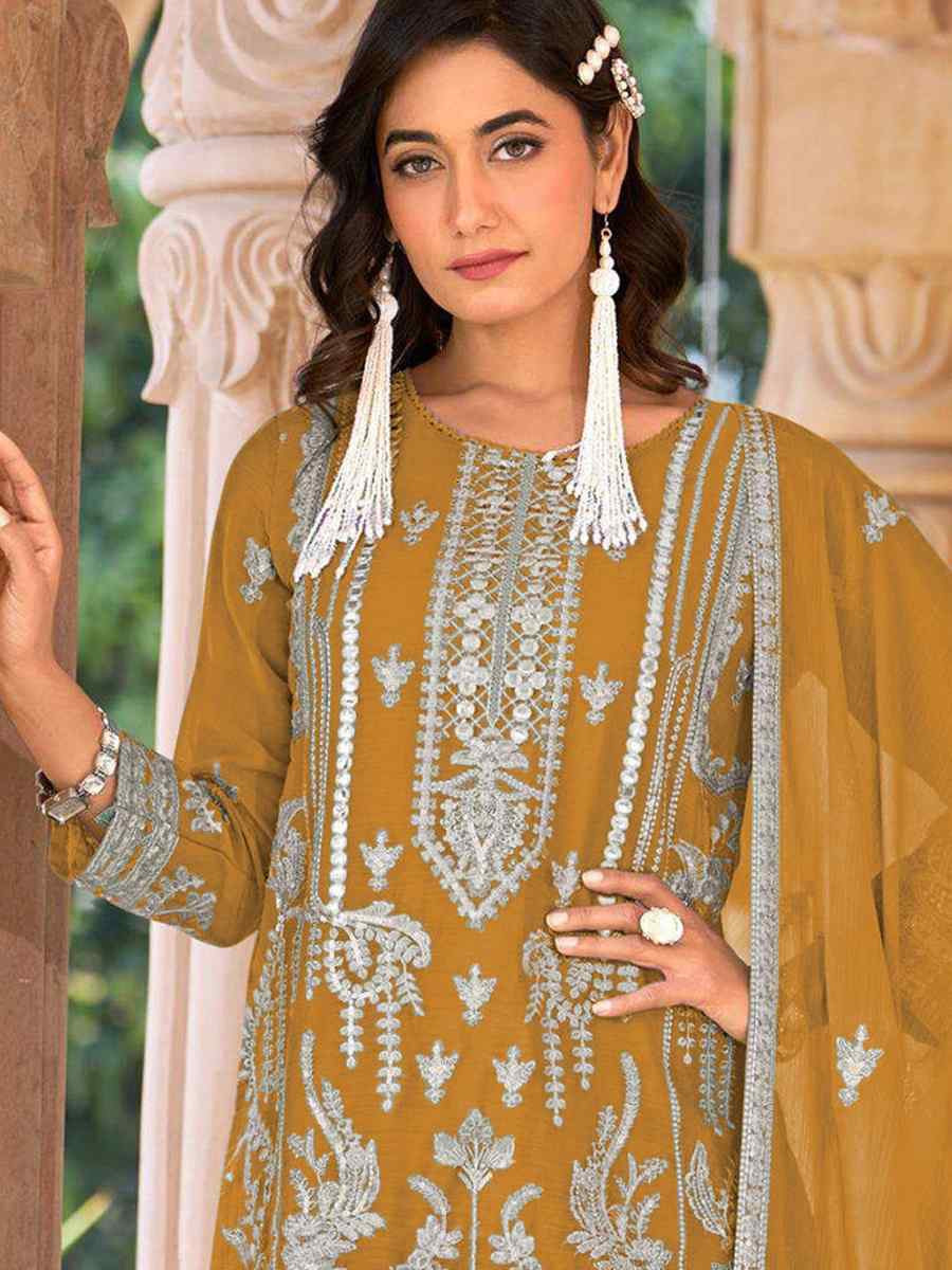 Mustard Heavy Nylon Organza Embroidered Festival Wedding Sharara Pant Salwar Kameez