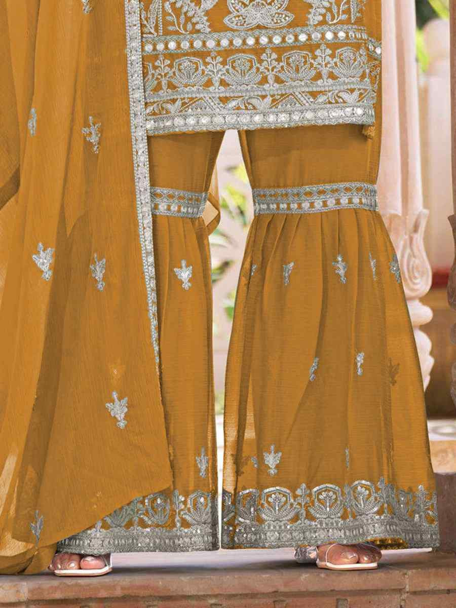 Mustard Heavy Nylon Organza Embroidered Festival Wedding Sharara Pant Salwar Kameez