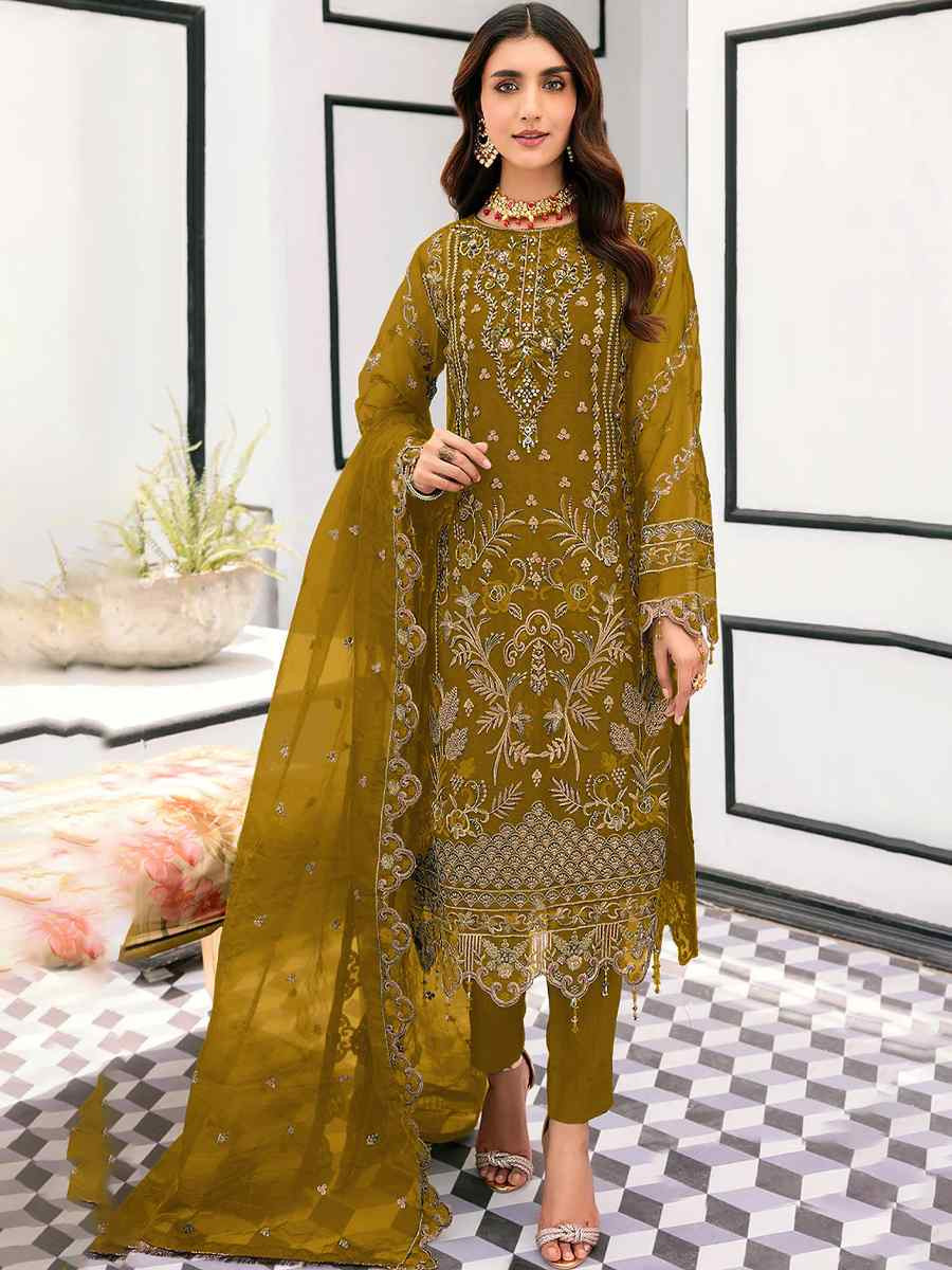 Mustard Heavy Organza Embroidered Festival Wedding Pant Salwar Kameez