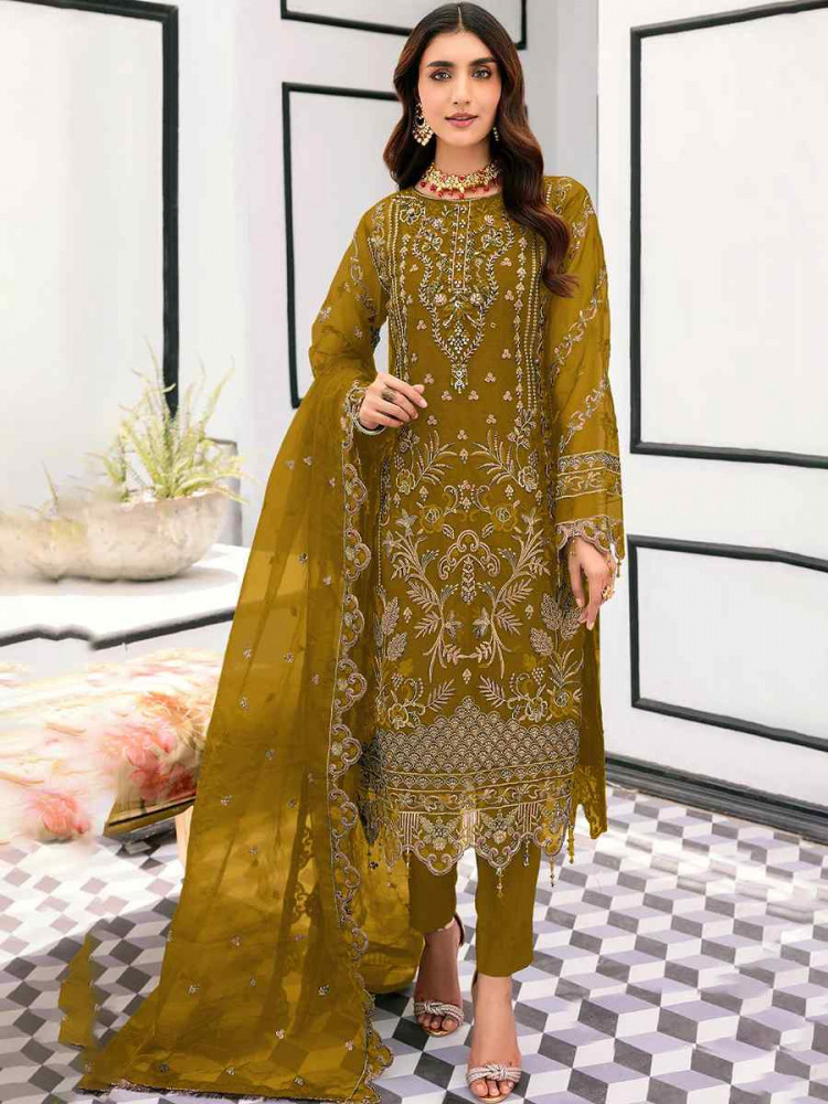 Mustard Heavy Organza Embroidered Festival Wedding Pant Salwar Kameez