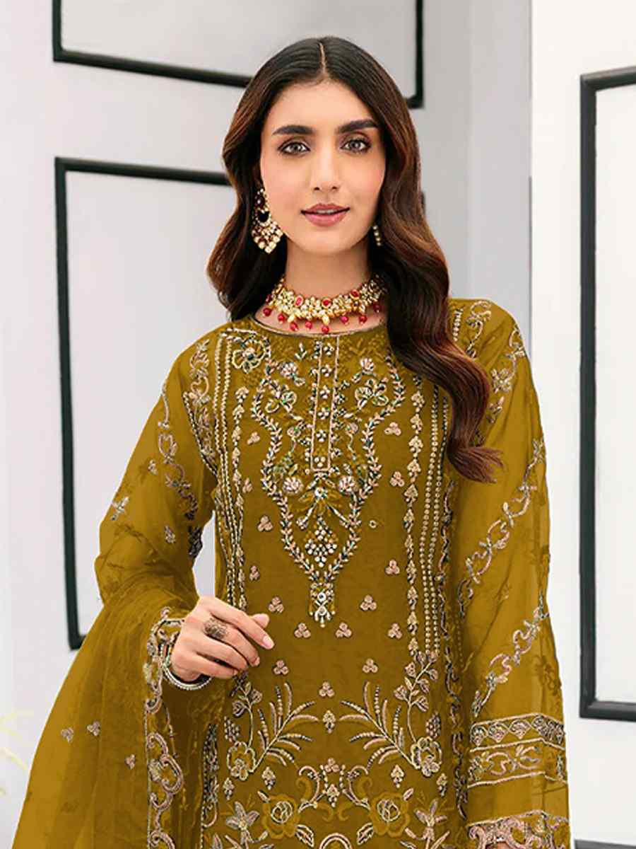 Mustard Heavy Organza Embroidered Festival Wedding Pant Salwar Kameez