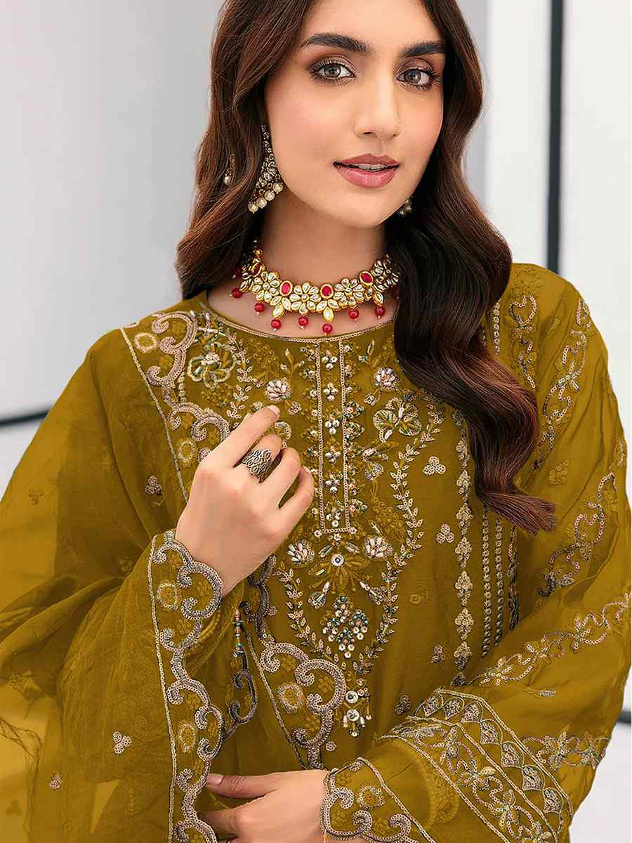Mustard Heavy Organza Embroidered Festival Wedding Pant Salwar Kameez