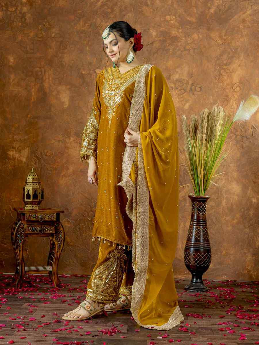 Mustard Heavy Pure Viscose Velvet Embroidery Party Wedding Festival Casual Ready Pant Salwar Kameez