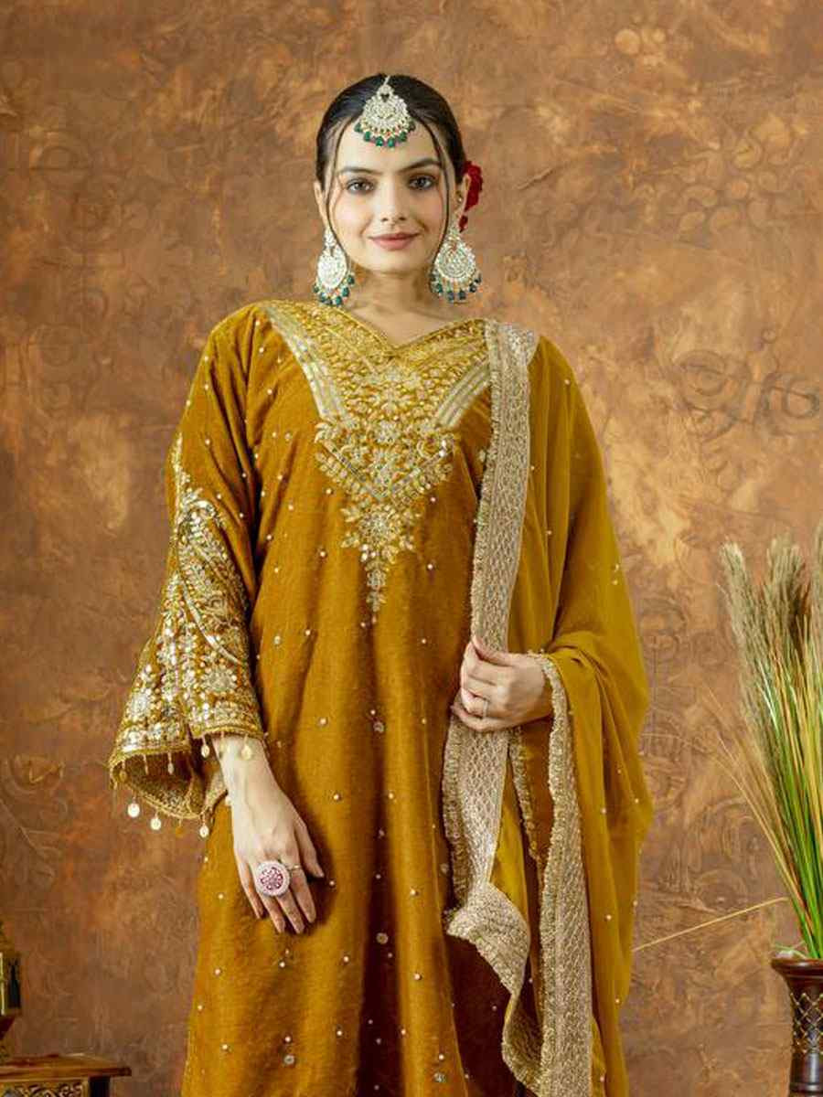 Mustard Heavy Pure Viscose Velvet Embroidery Party Wedding Festival Casual Ready Pant Salwar Kameez