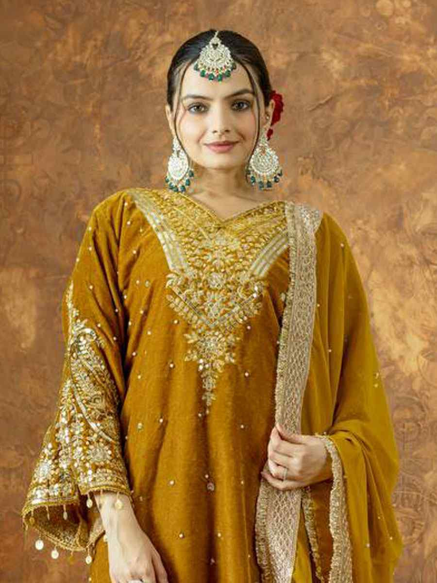 Mustard Heavy Pure Viscose Velvet Embroidery Party Wedding Festival Casual Ready Pant Salwar Kameez