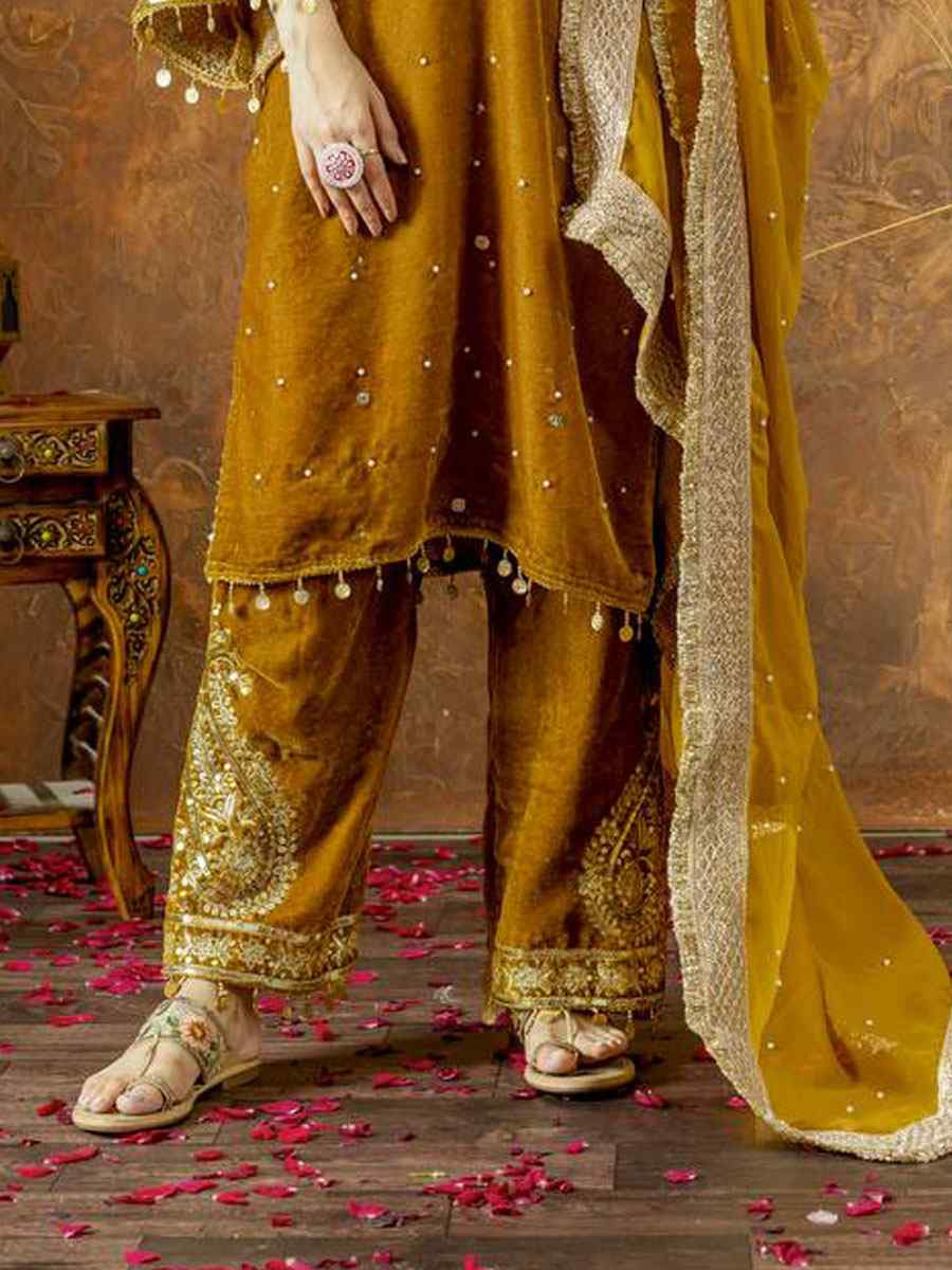 Mustard Heavy Pure Viscose Velvet Embroidery Party Wedding Festival Casual Ready Pant Salwar Kameez